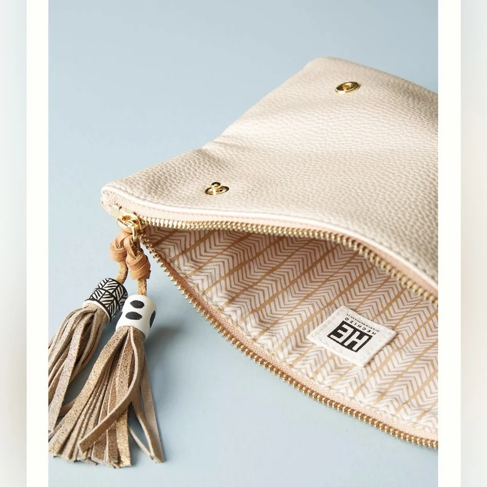 Anthropologie Beige Clutch with Tassel Details Foothills Pouch
